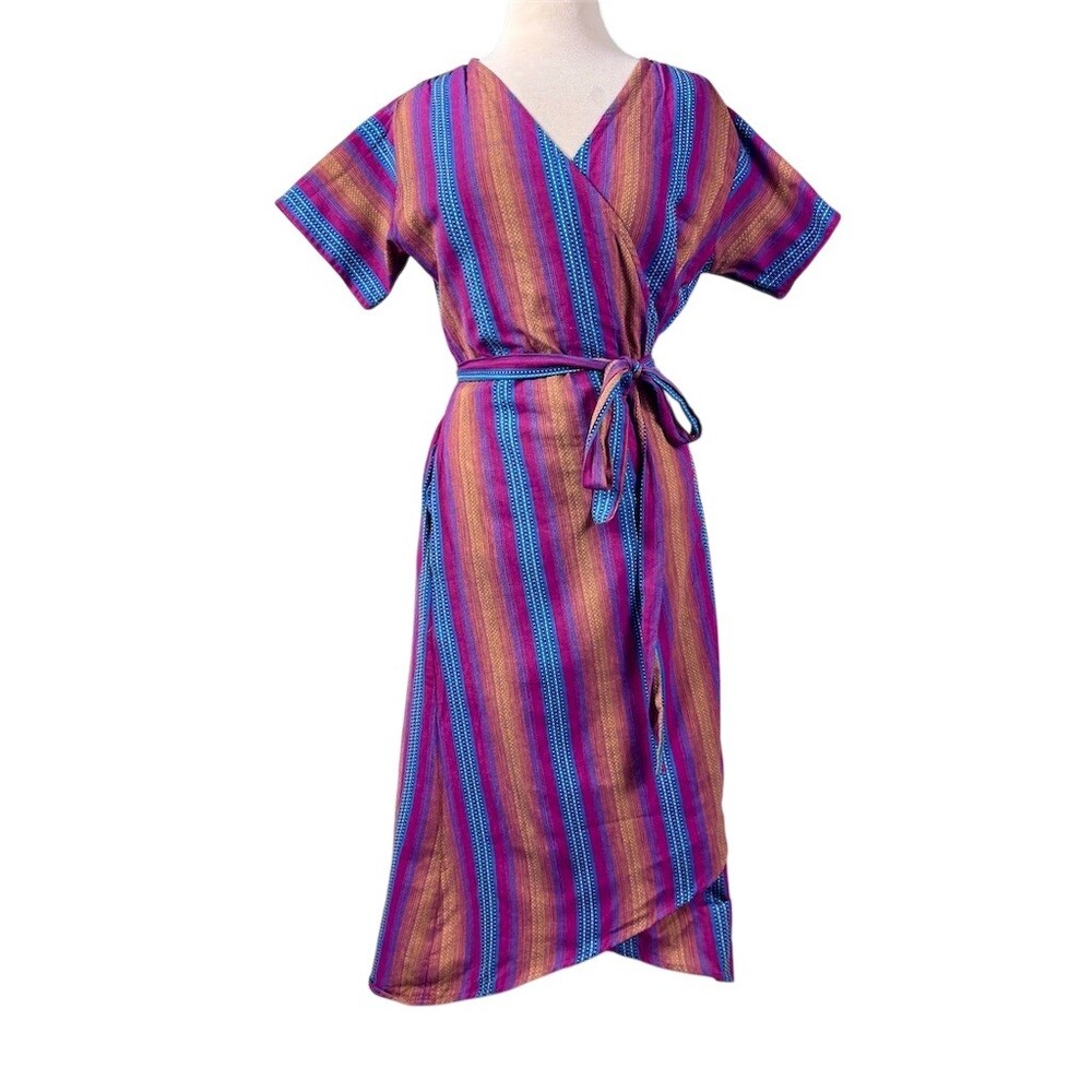 Handmade Nepalese Cotton Wrap Dress Womens L/XL Multicolor Striped Midi